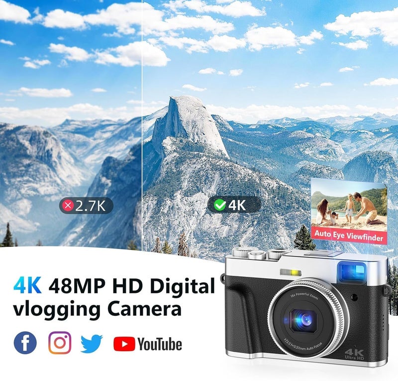 FlyFrost كاميرا رقمية 4K للتصوير، كاميرات فلوغينغ بدقة 48 ميجابكسل مع زوم رقمي 16X، كاميرا LCD بحجم 2.8 بوصة للتصوير الفوري لليوتيوب، كاميرات مدمجة مضادة للاهتزاز مع بطاقة micro SD سعة 32 جيجابايت و2 بطارية - Image 2
